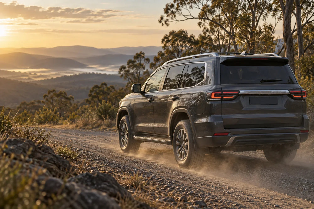 AI editorial concept of an unbranded large SUV on an Australian gravel road at sunrise