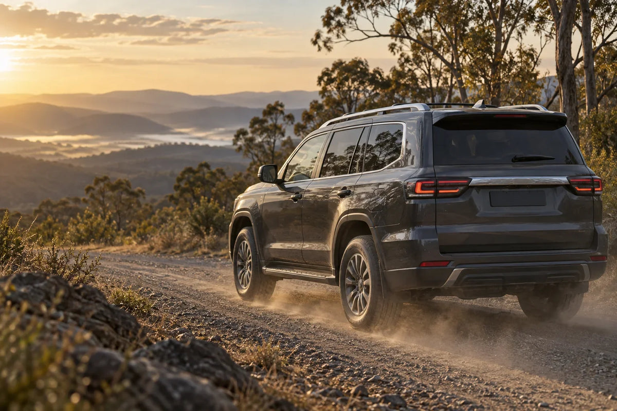 AI editorial concept of an unbranded large SUV on an Australian gravel road at sunrise