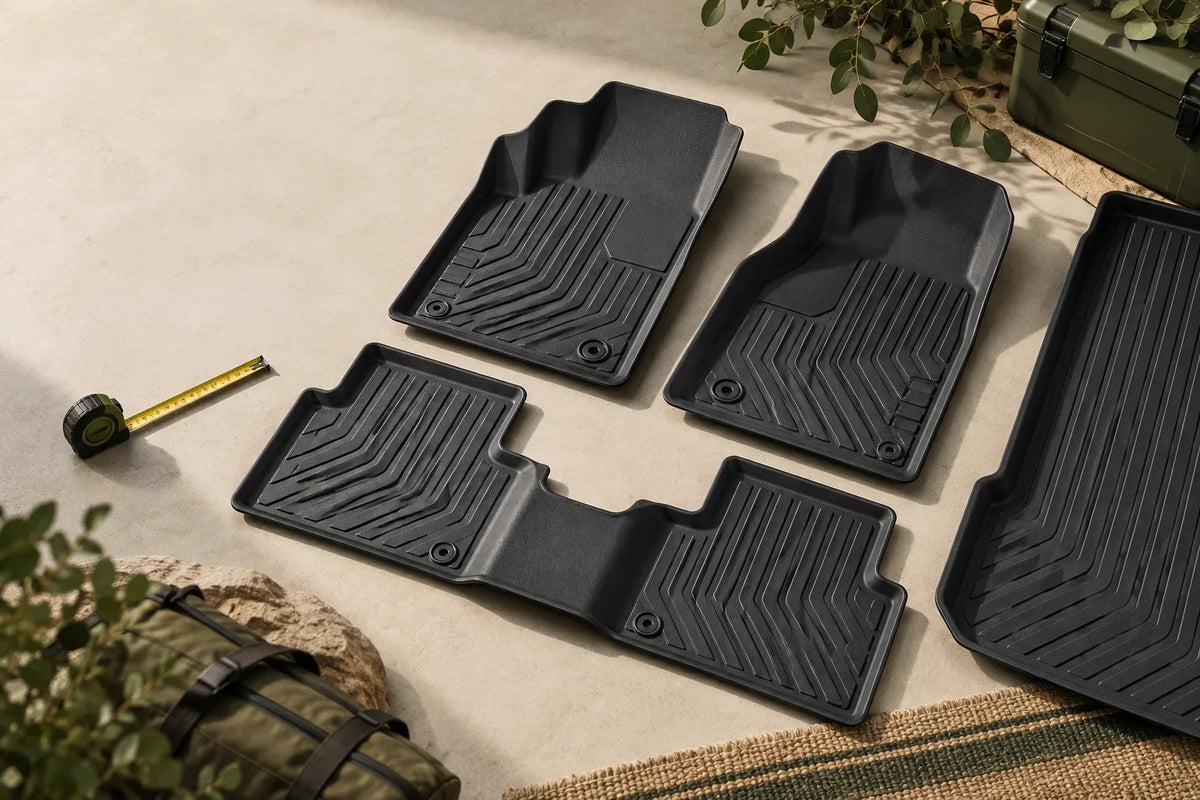 Generic AI editorial still life of moulded vehicle floor mats and a measuring tape, not a TANK 500 fitment photo