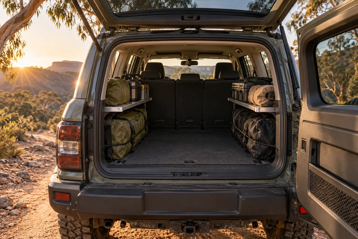 AI editorial concept of an unbranded 4WD cargo area with side storage shelves; not a photo or fitment proof of the listed TANK 300 products