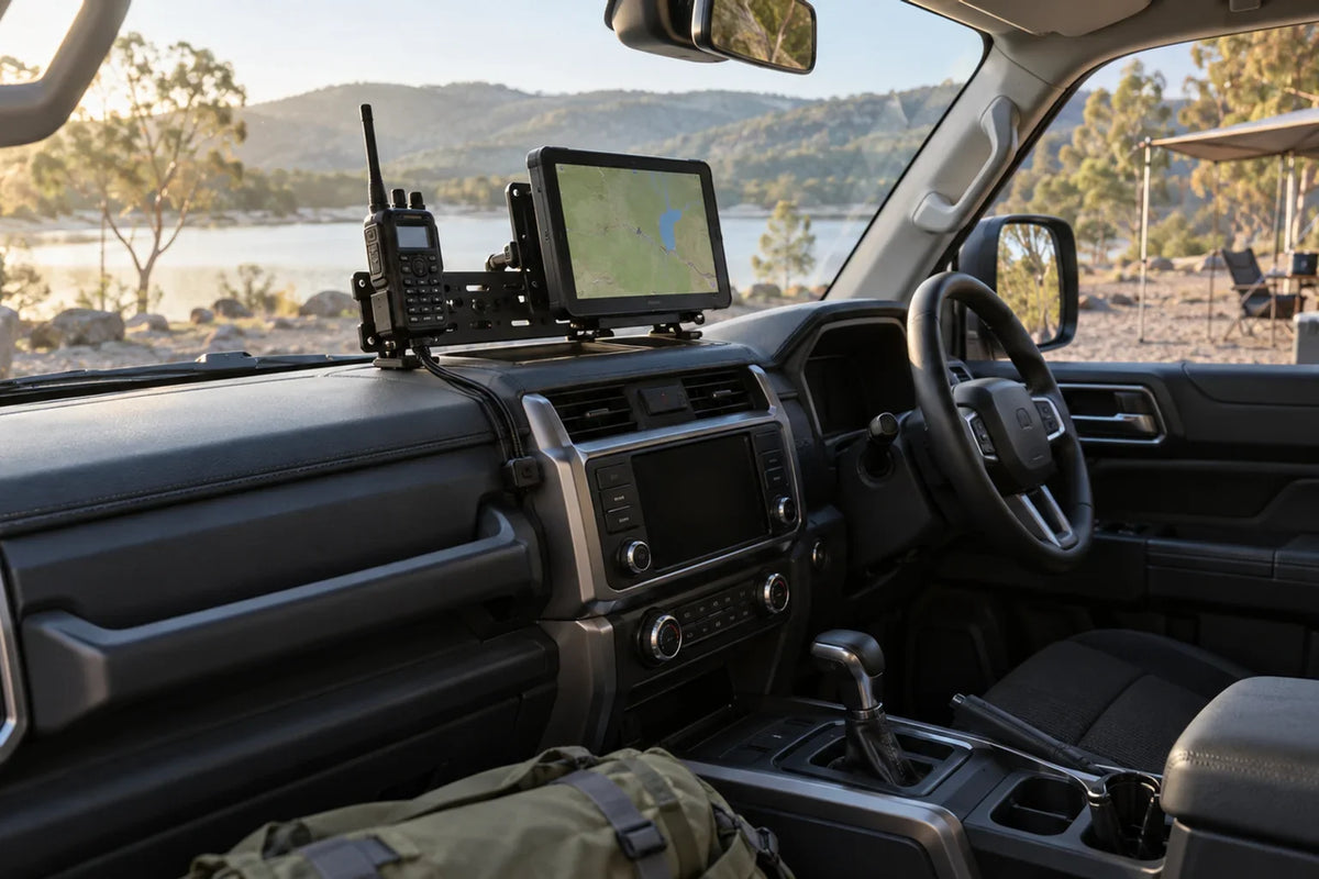 Generic AI concept of a parked right-hand-drive 4WD cockpit with an accessory bracket, navigation screen and radio; not a RAWME or GWM fitment photograph