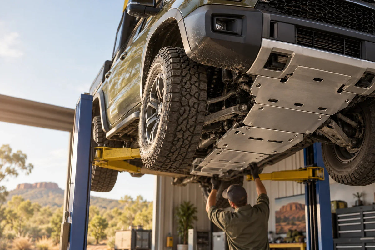 Generic AI workshop concept showing an unbranded 4WD with aluminium underbody plates; not a photograph of the listed GWM TANK skid-plate product or verified fitment