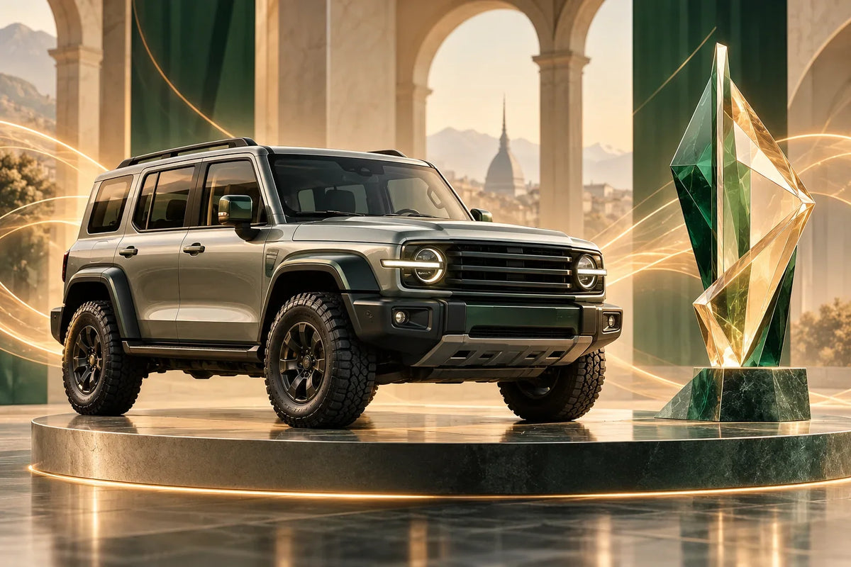 AI editorial illustration of a generic off-road SUV and abstract award object; the scene and trophy are concepts rather than photographs of the TADA ceremony