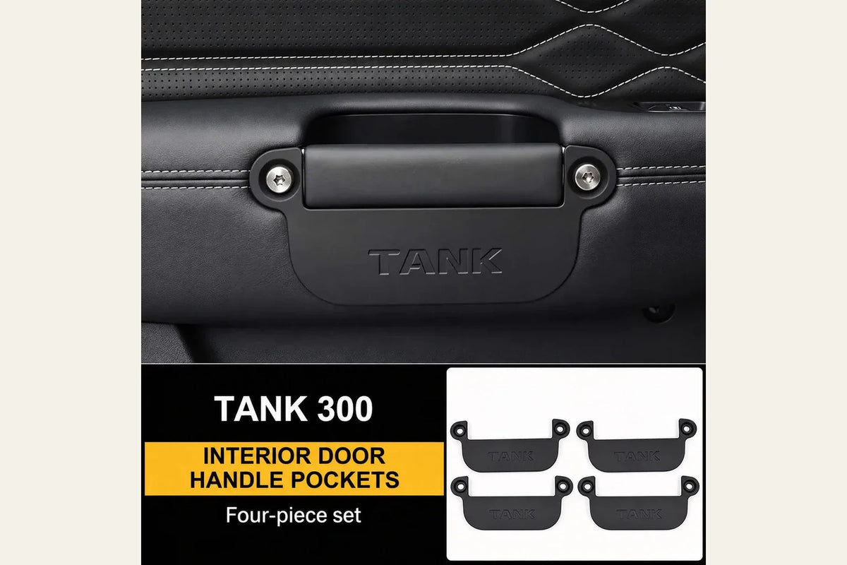 Matte-black TANK 300 door-handle pocket product gallery image showing an installed example and four matching insert panels