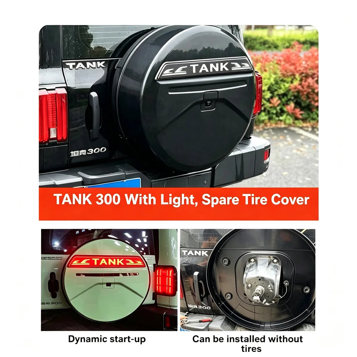 Glowing and fully covering protective cover for the spare wheel of Tank 300