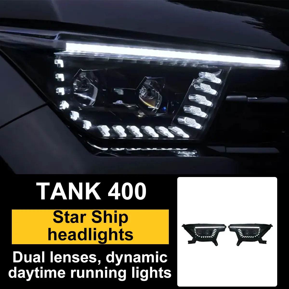 GWM Tank 400 dual-lens LED headlight pair – installed view