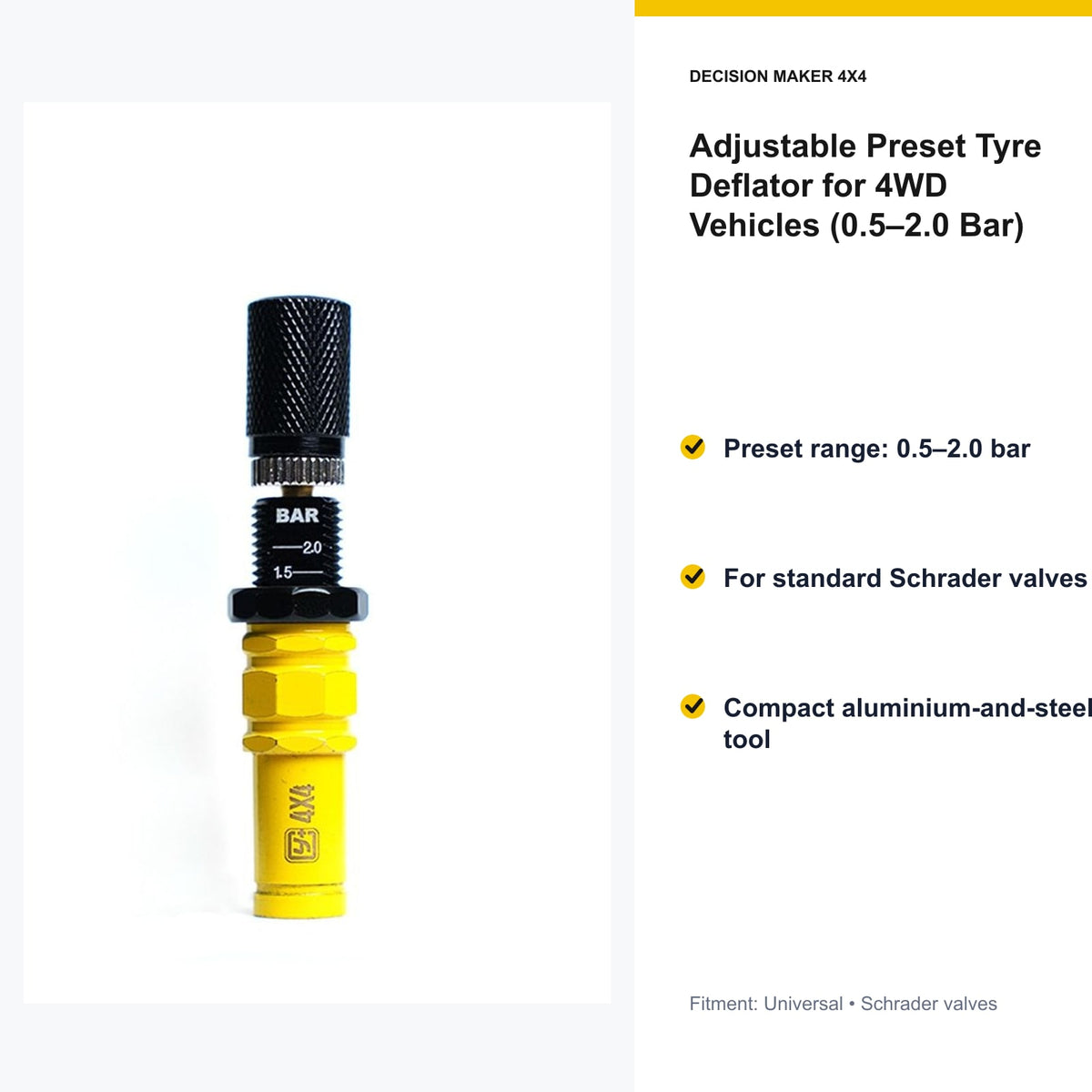 Key features of Adjustable Preset Tyre Deflator for 4WD Vehicles (0.5–2.0 Bar)