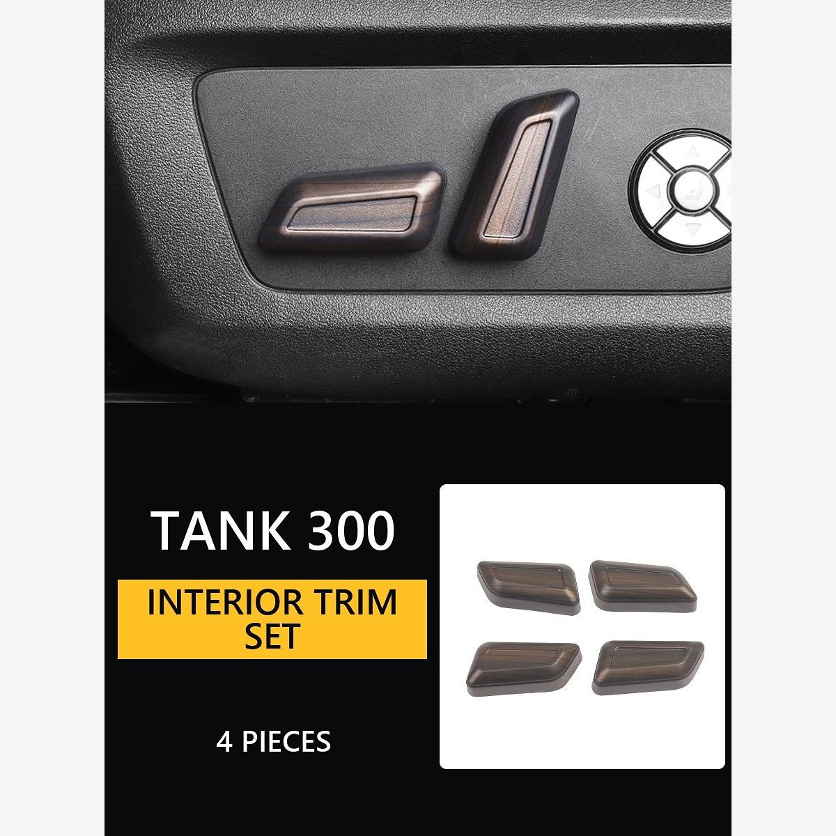 Wood-Look Interior Trim Collection for GWM Tank 300 – Seat Adjustment Switch Covers – 4-Piece Set