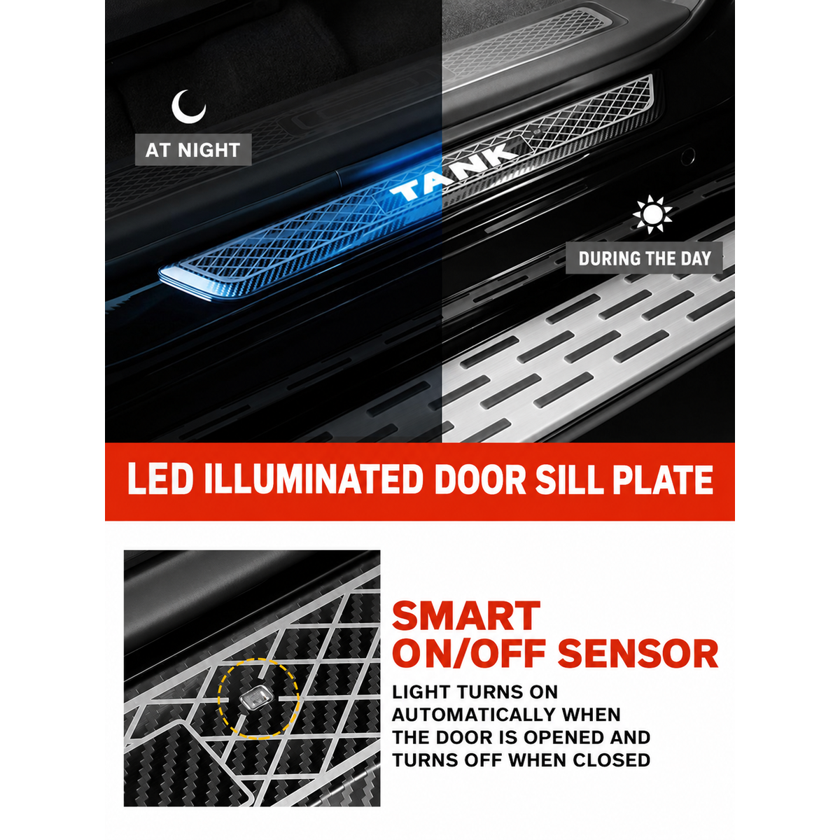 Battery-Powered LED Door Sill Plates for GWM Tank 500 – 4-Piece Set – gallery image 8