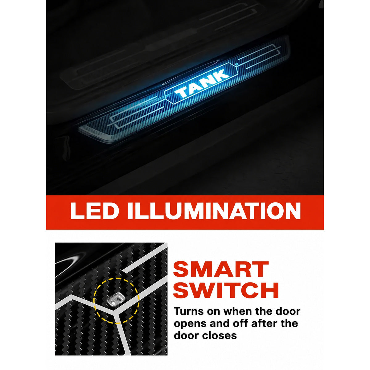 Battery-Powered LED Door Sill Plates for GWM Tank 300 – 4-Piece Set – product detail 5