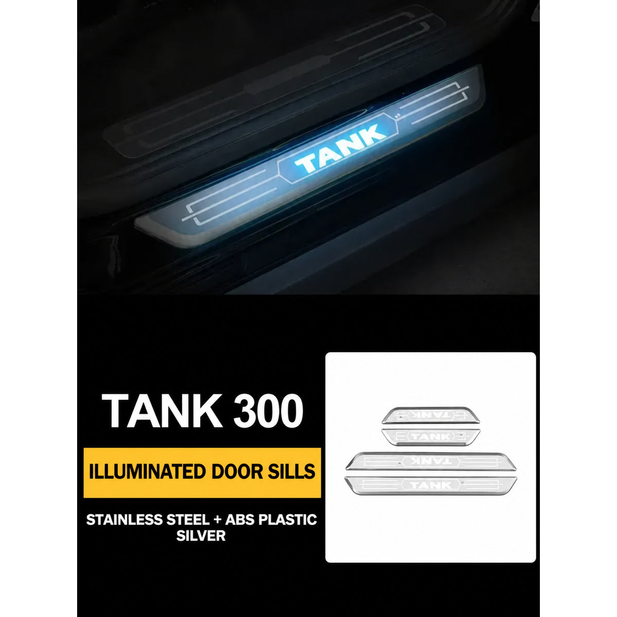 Battery-Powered LED Door Sill Plates for GWM Tank 300 – 4-Piece Set – silver