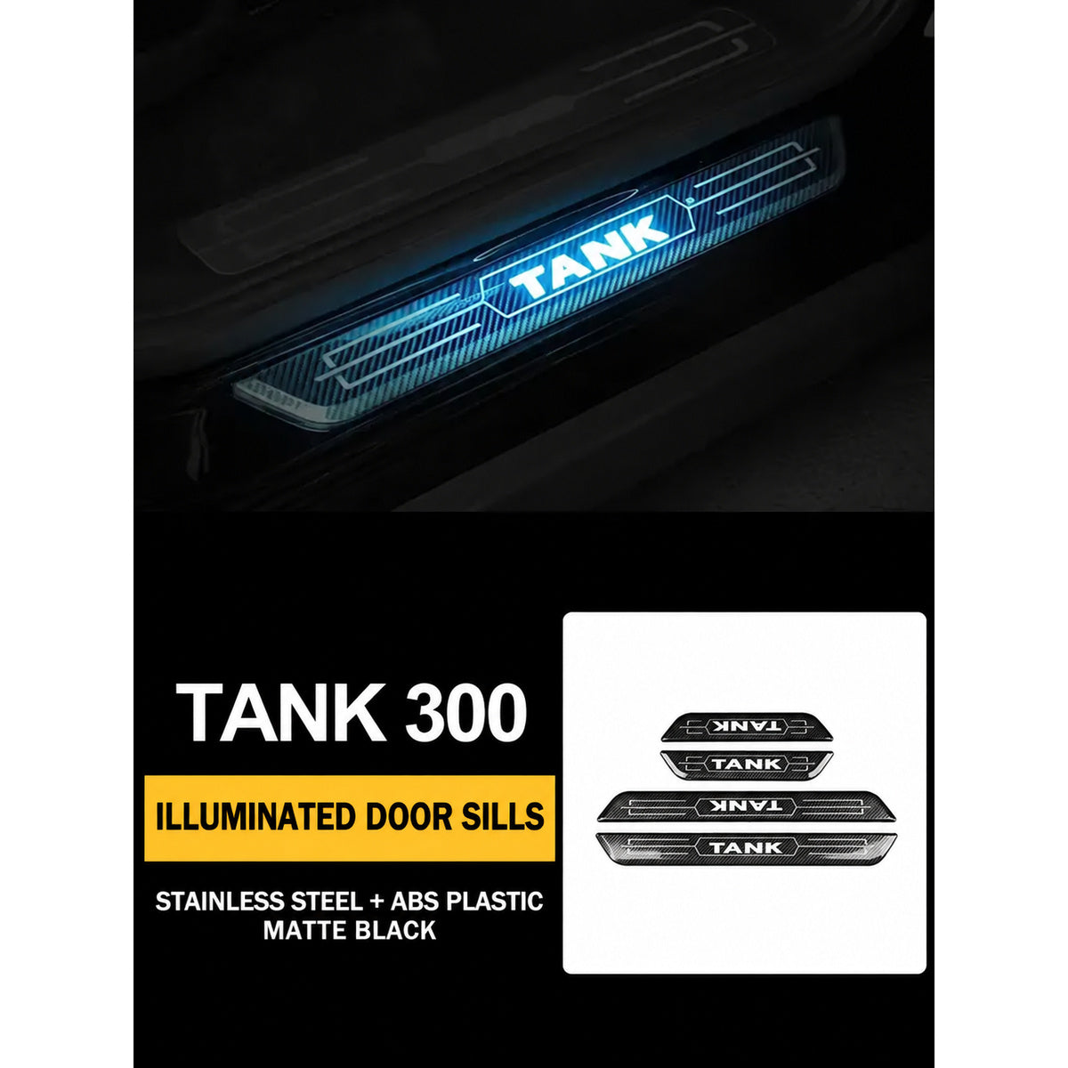 Battery-Powered LED Door Sill Plates for GWM Tank 300 – 4-Piece Set – matte black