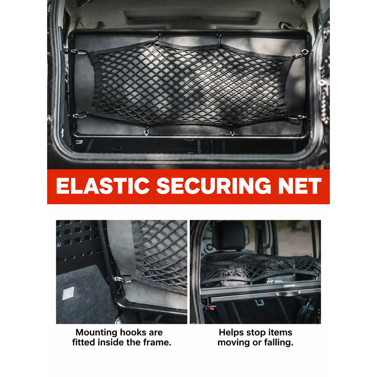 Elastic securing net fitted to the GWM Tank 300 cargo storage rack