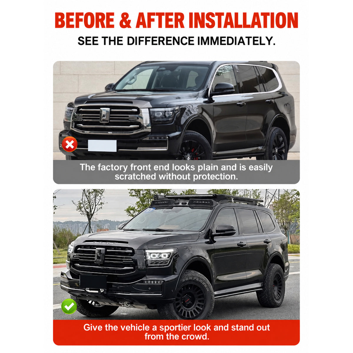 Before and after installing the Black Knight centre grille on a GWM Tank 500