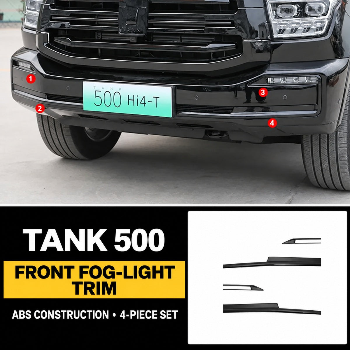 Black Knight front fog-light trim for GWM Tank 500 Hi4-T and Hi4-Z – 4-piece set