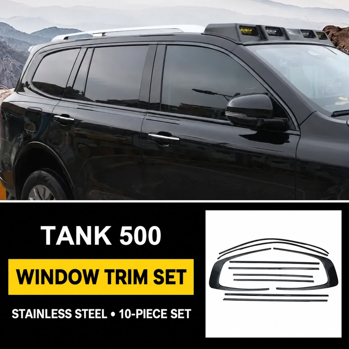 Black Knight stainless-steel window trim set for GWM Tank 500 Hi4-T and Hi4-Z – 10 pieces