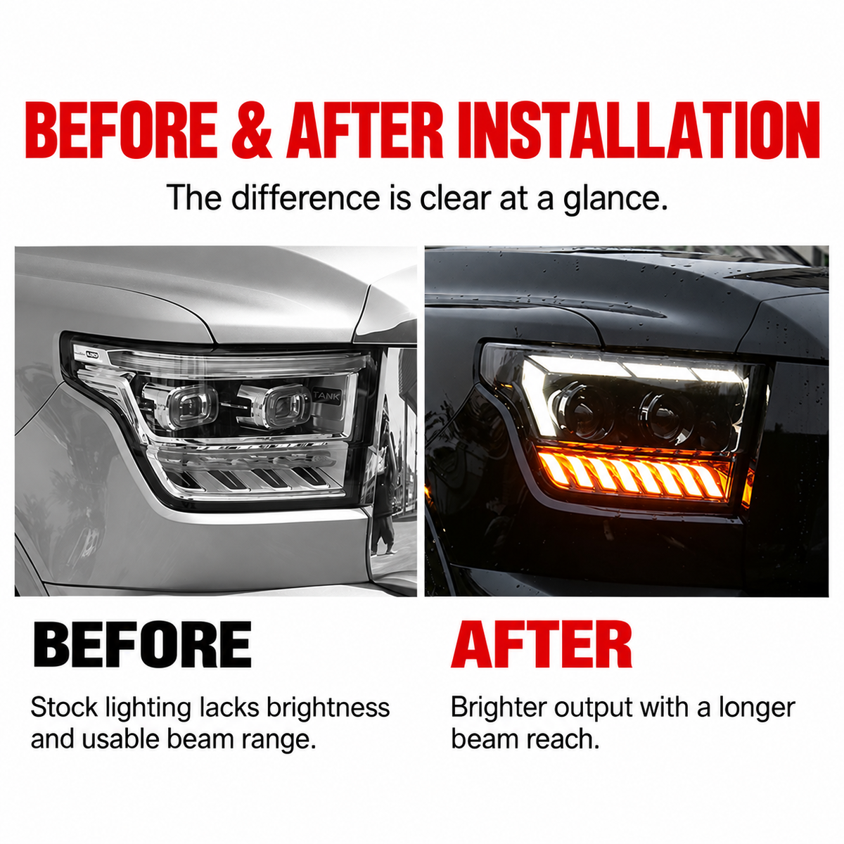 GWM Tank 500 laser headlights - before and after installation