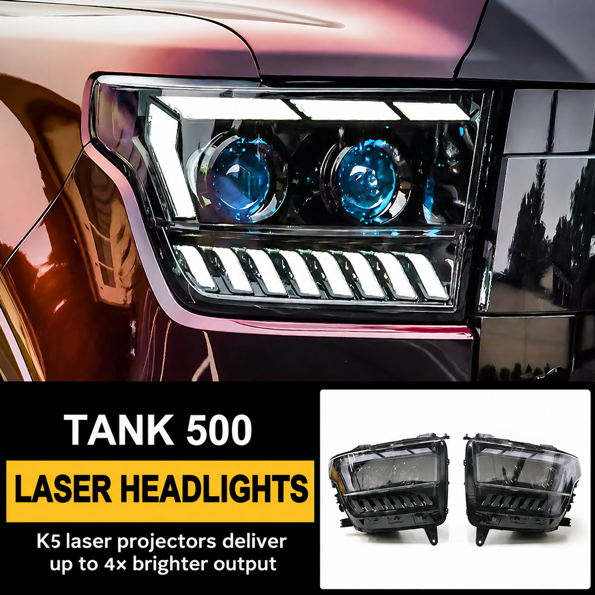 GWM Tank 500 laser headlight assemblies - blue lens variant