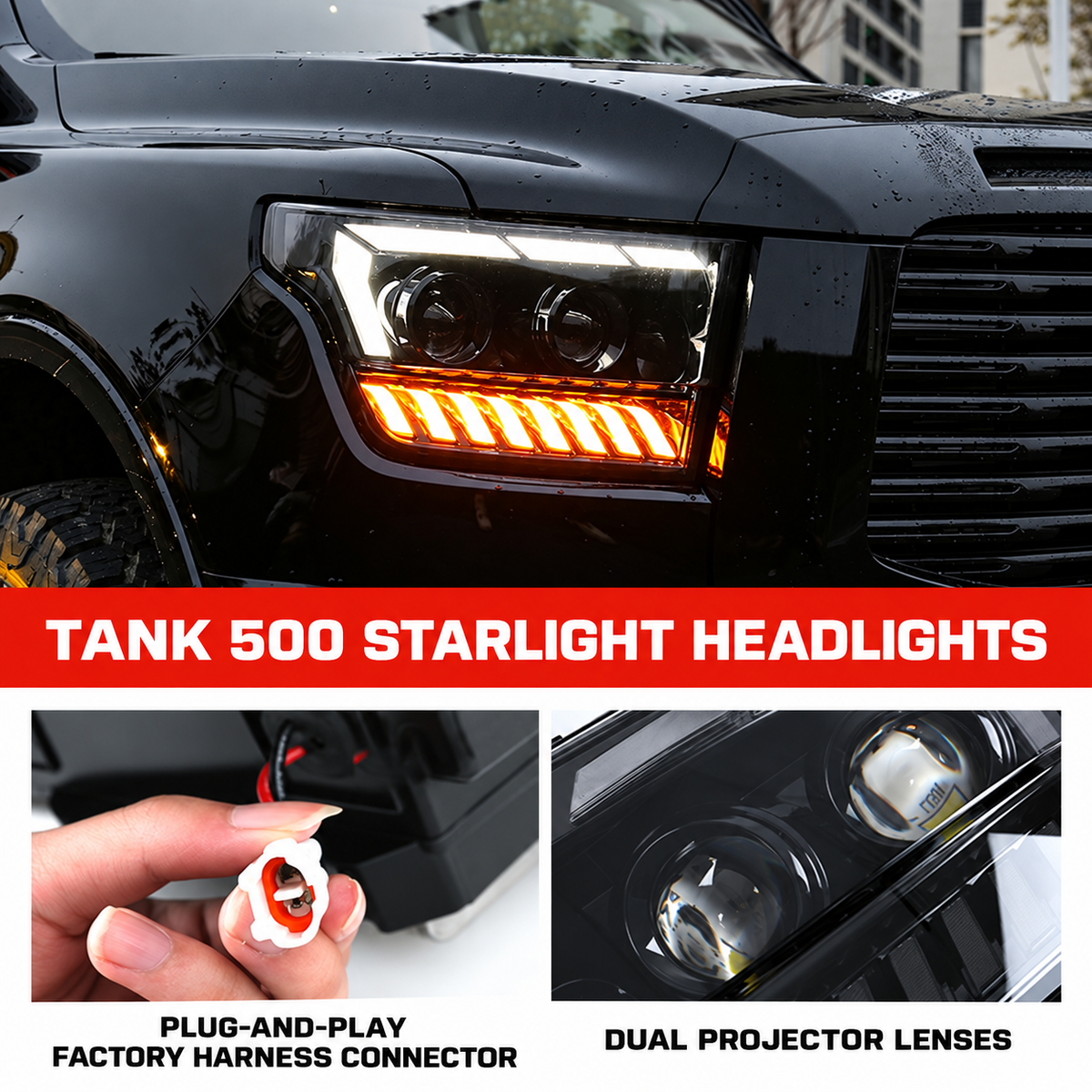 GWM Tank 500 laser headlights - factory connector and dual projector lenses