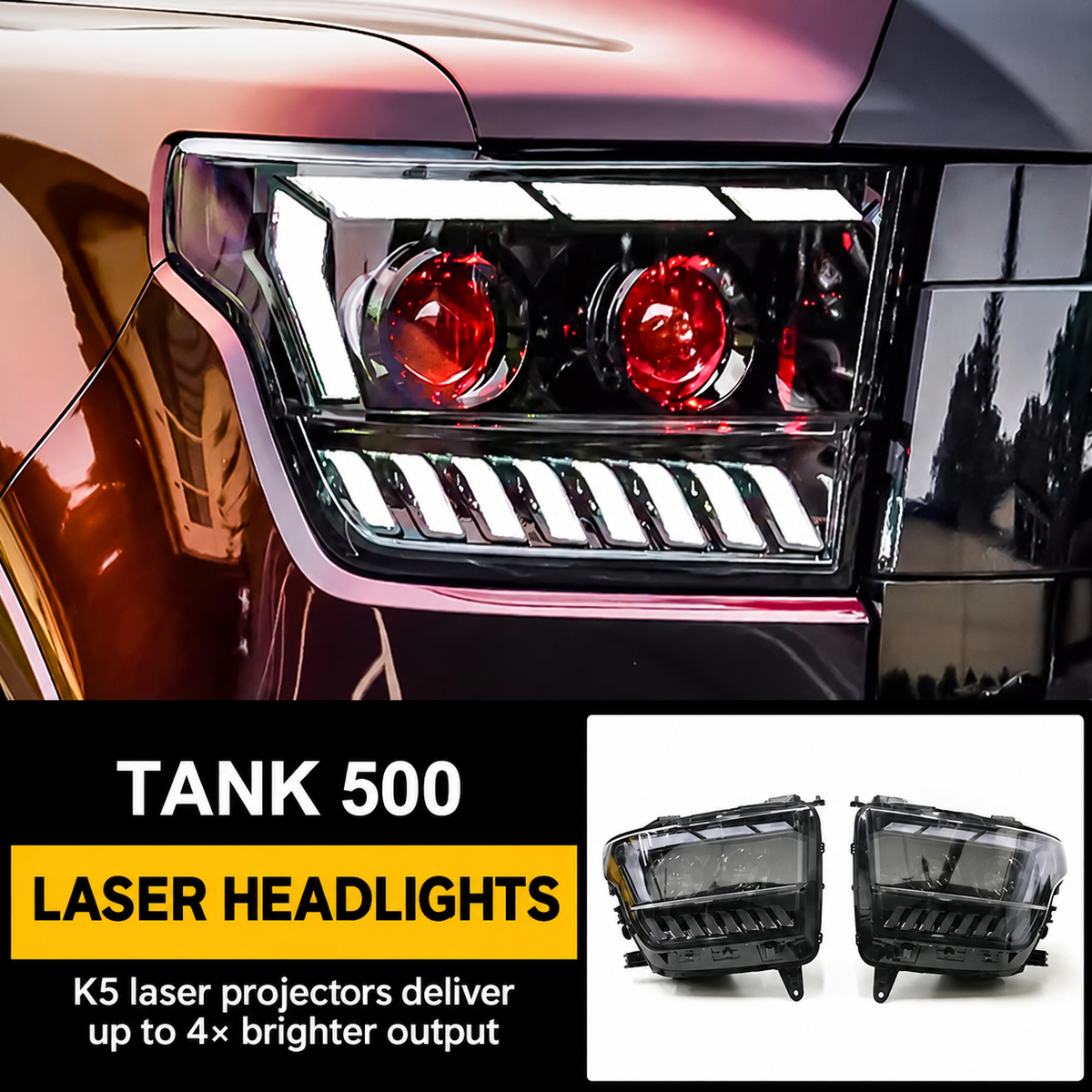 GWM Tank 500 laser headlight assemblies - red lens variant