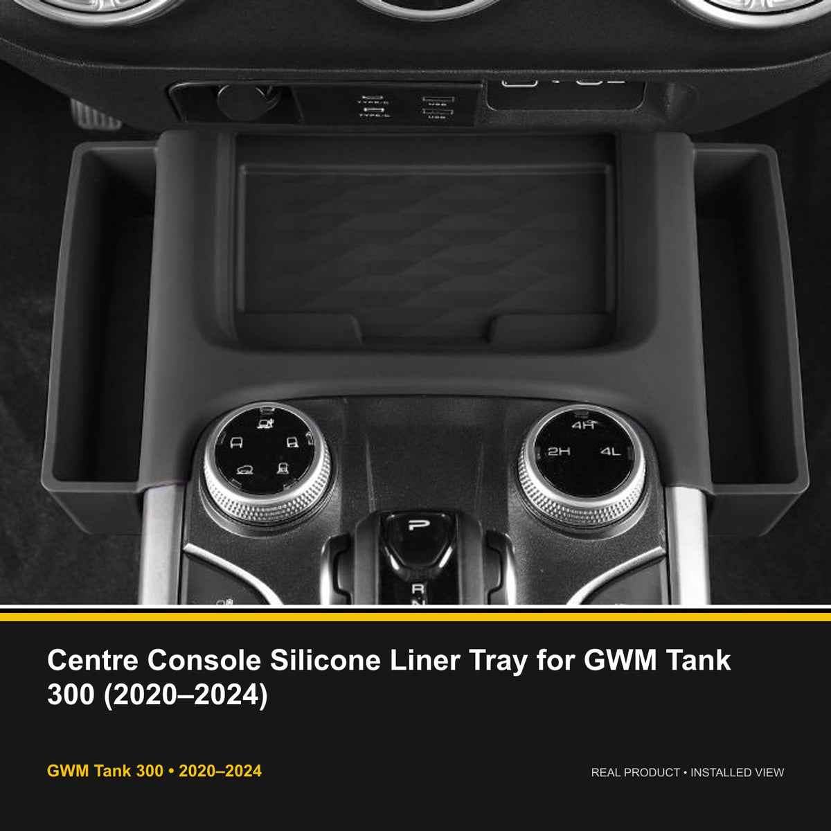 Installed view of Centre Console Silicone Liner Tray for GWM Tank 300 (2020–2024)
