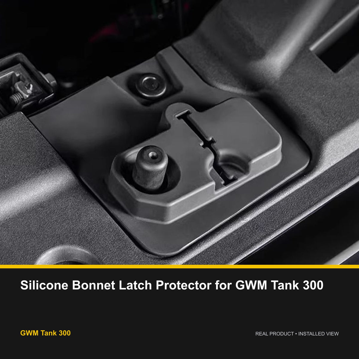 Installed view of Silicone Bonnet Latch Protector for GWM Tank 300