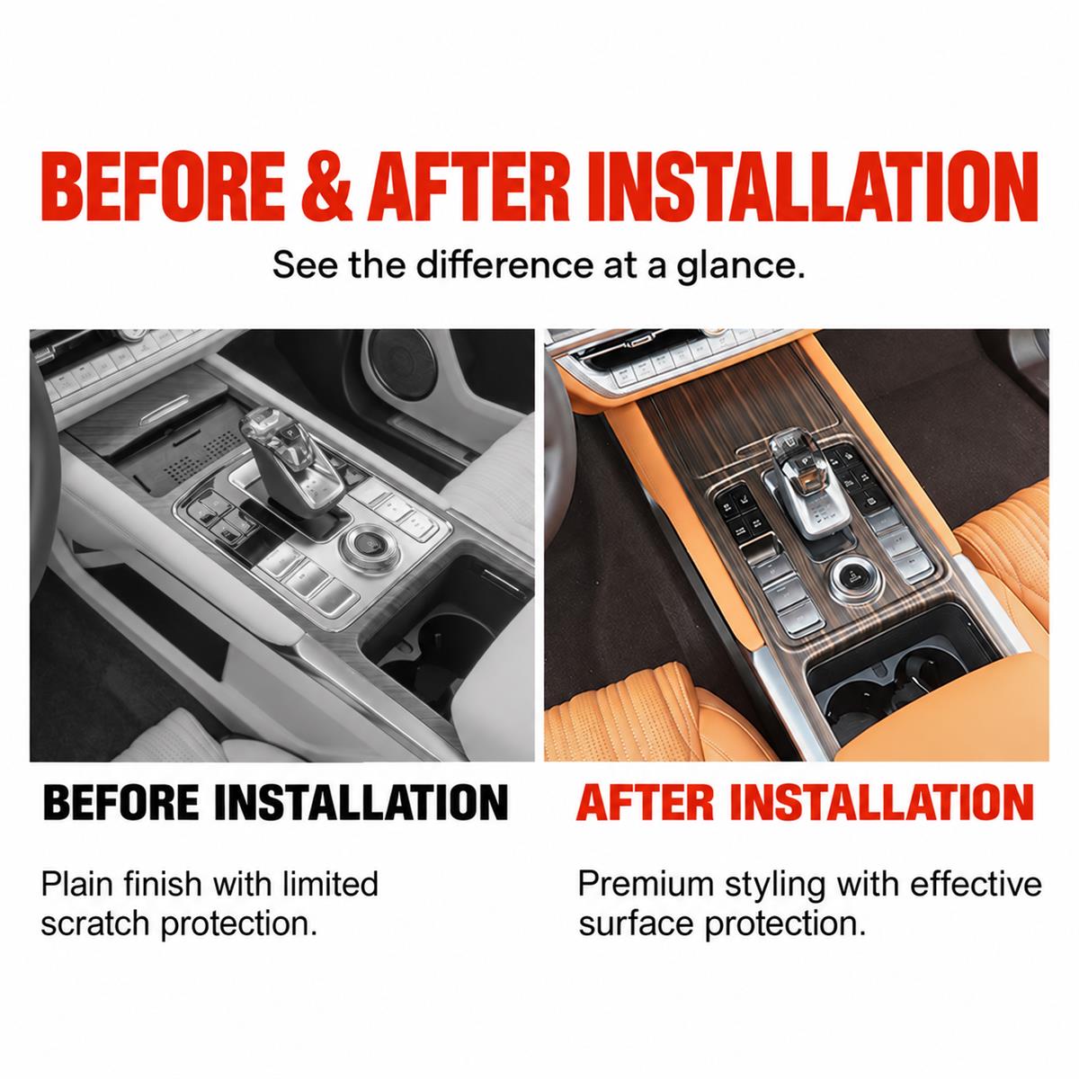 Tank 500 wood-grain trim – before and after installation