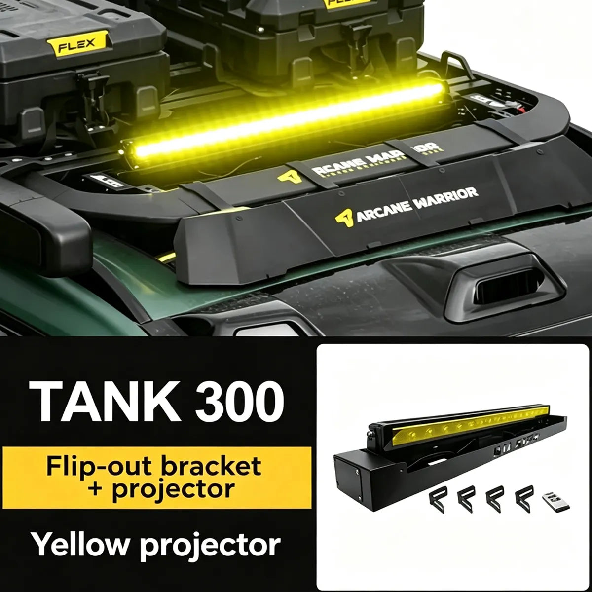 Electric folding bracket for hidden spotlights on the roof for Tank 300