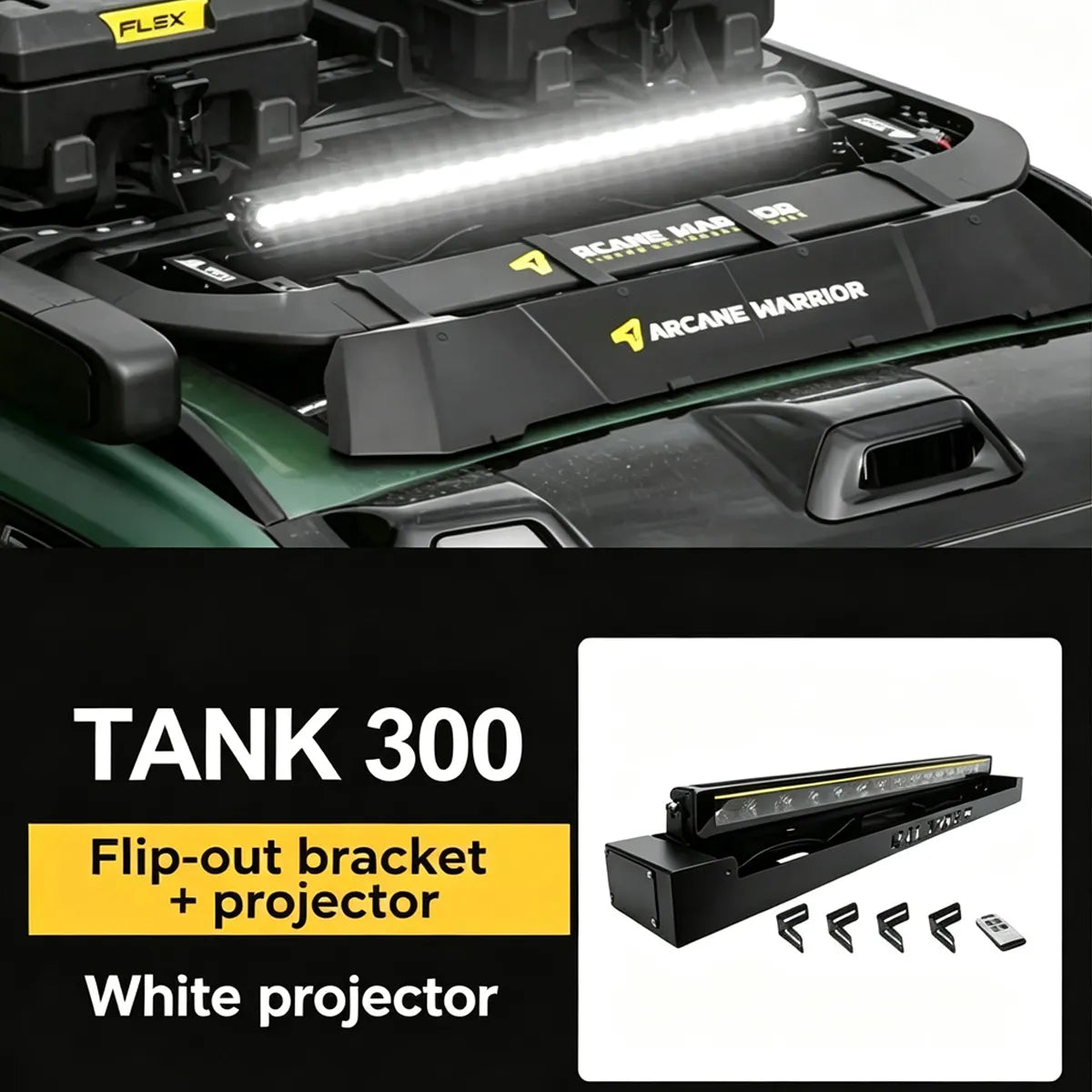 Electric folding bracket for hidden spotlights on the roof for Tank 300