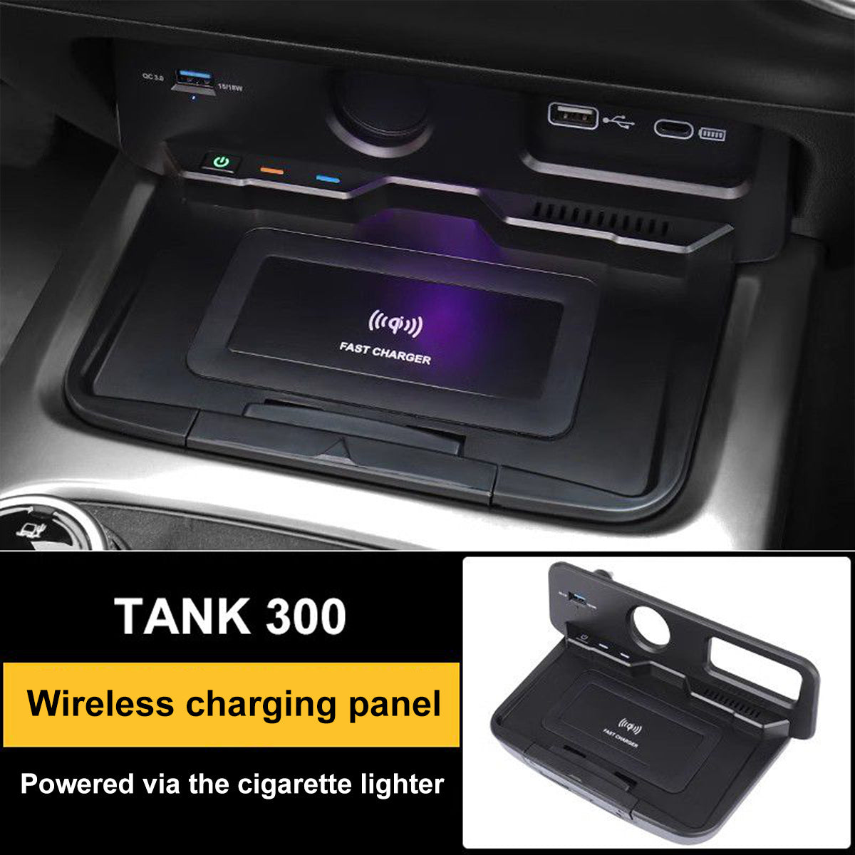 GWM Tank 300 wireless charging console tray installed