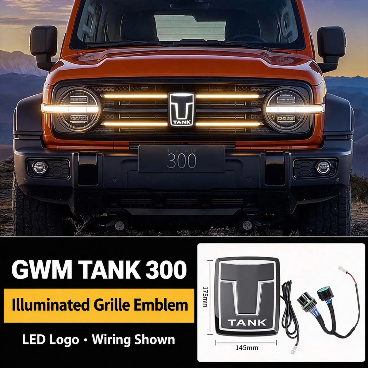 GWM Tank 300 illuminated grille emblem installed on vehicle