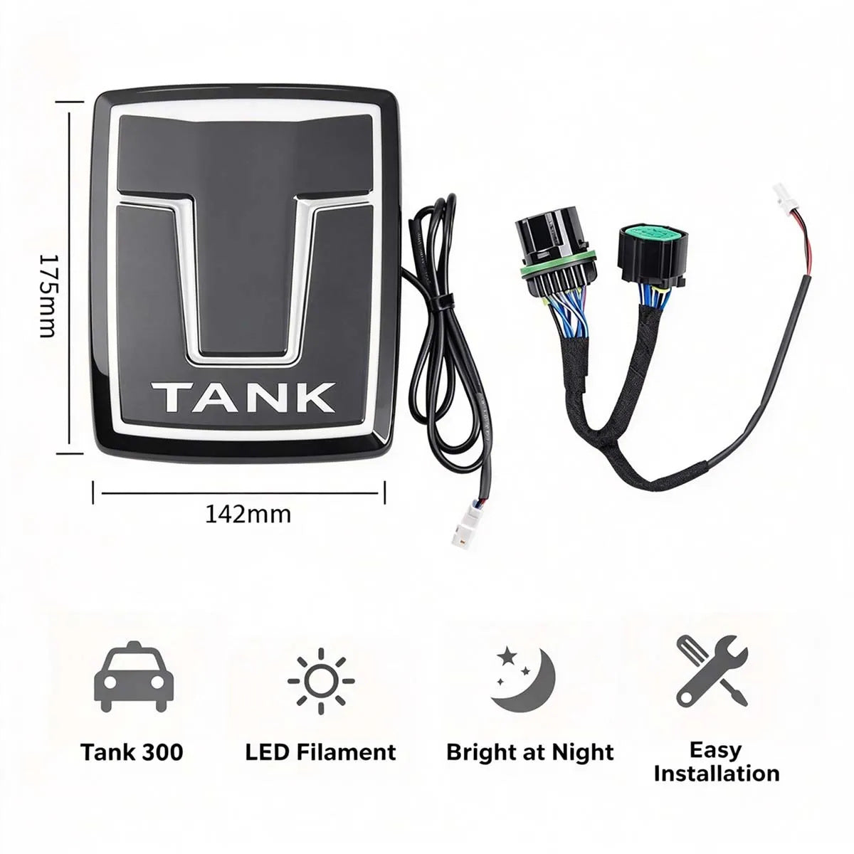 GWM Tank 300 illuminated grille emblem and wiring, product detail