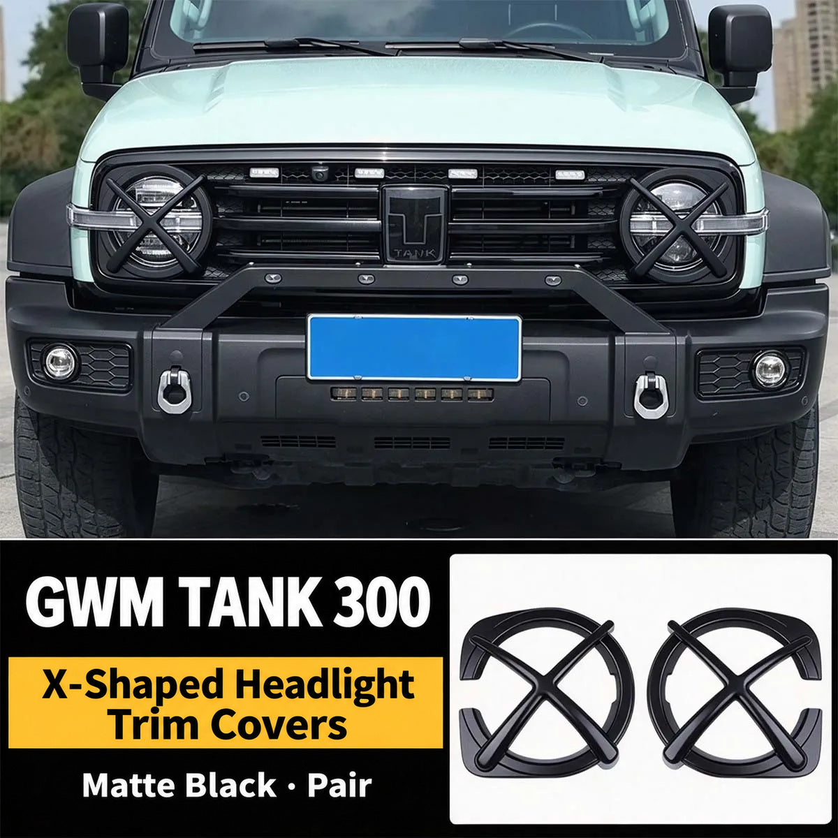 GWM Tank 300 X-shaped headlight trim covers installed