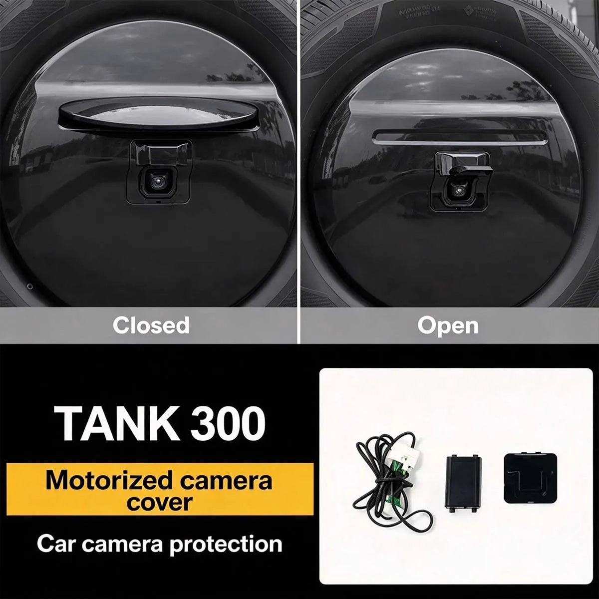 GWM Tank 300 motorised rear camera cover, installed and kit shown