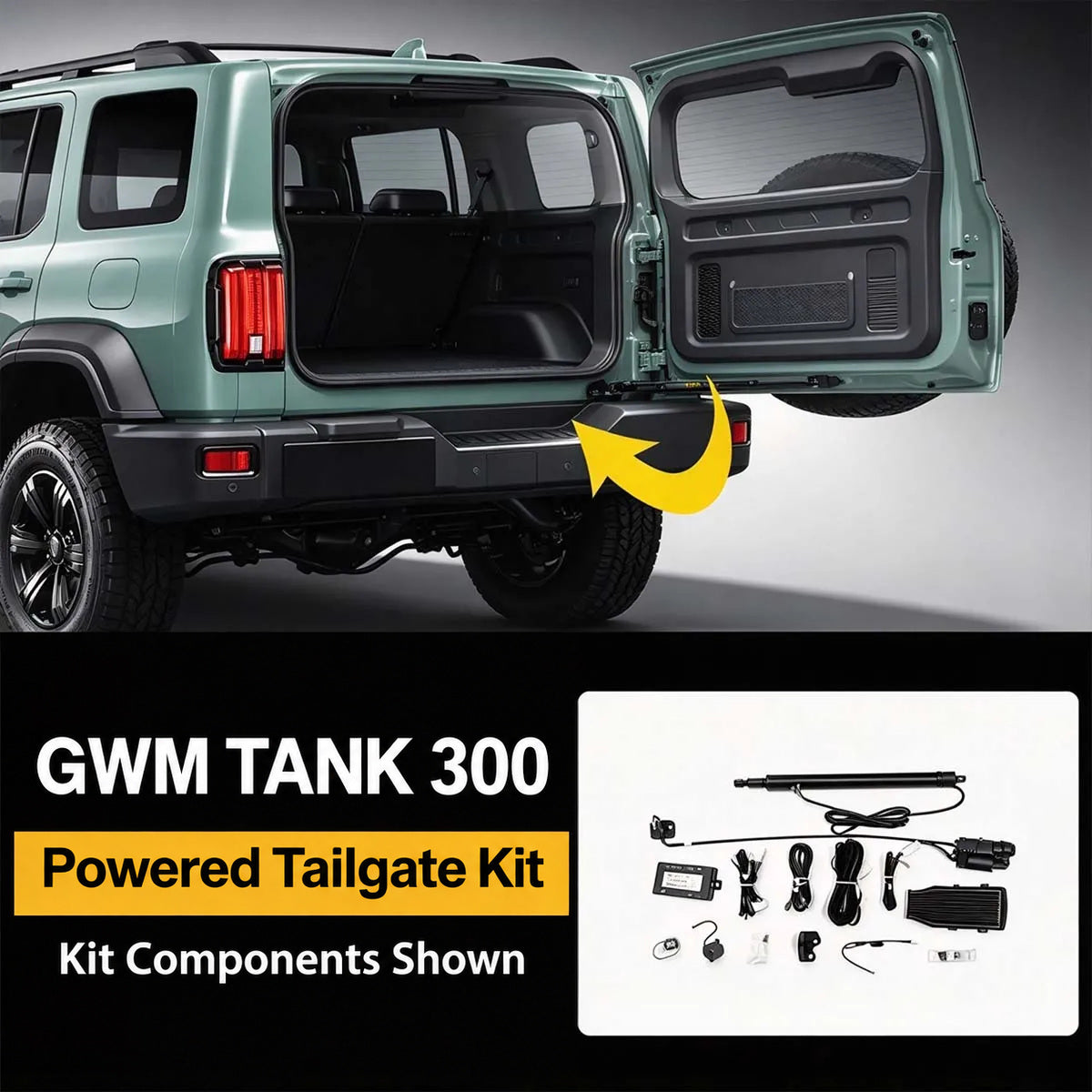 GWM Tank 300 powered tailgate conversion kit with actuator, control unit, wiring and hardware shown