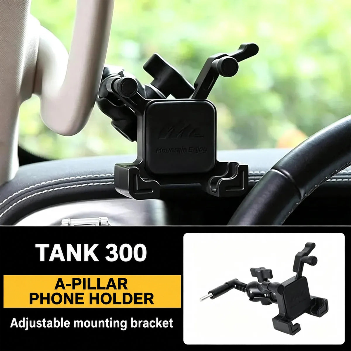 GWM Tank 300 A-pillar mounted phone holder and included adjustable bracket