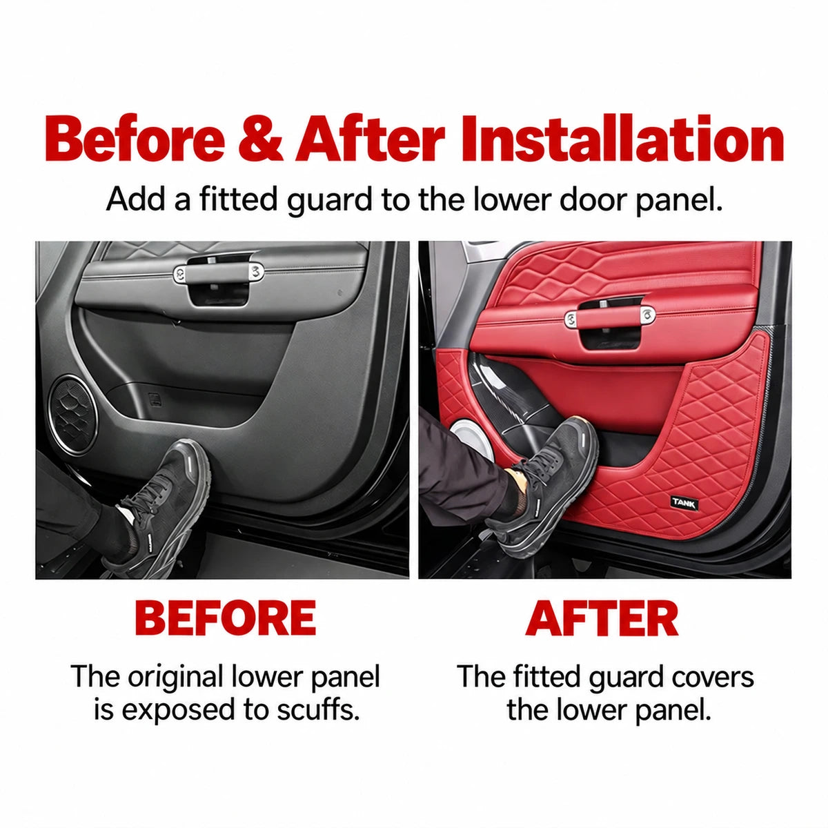 Lower door panel guard before and after installation