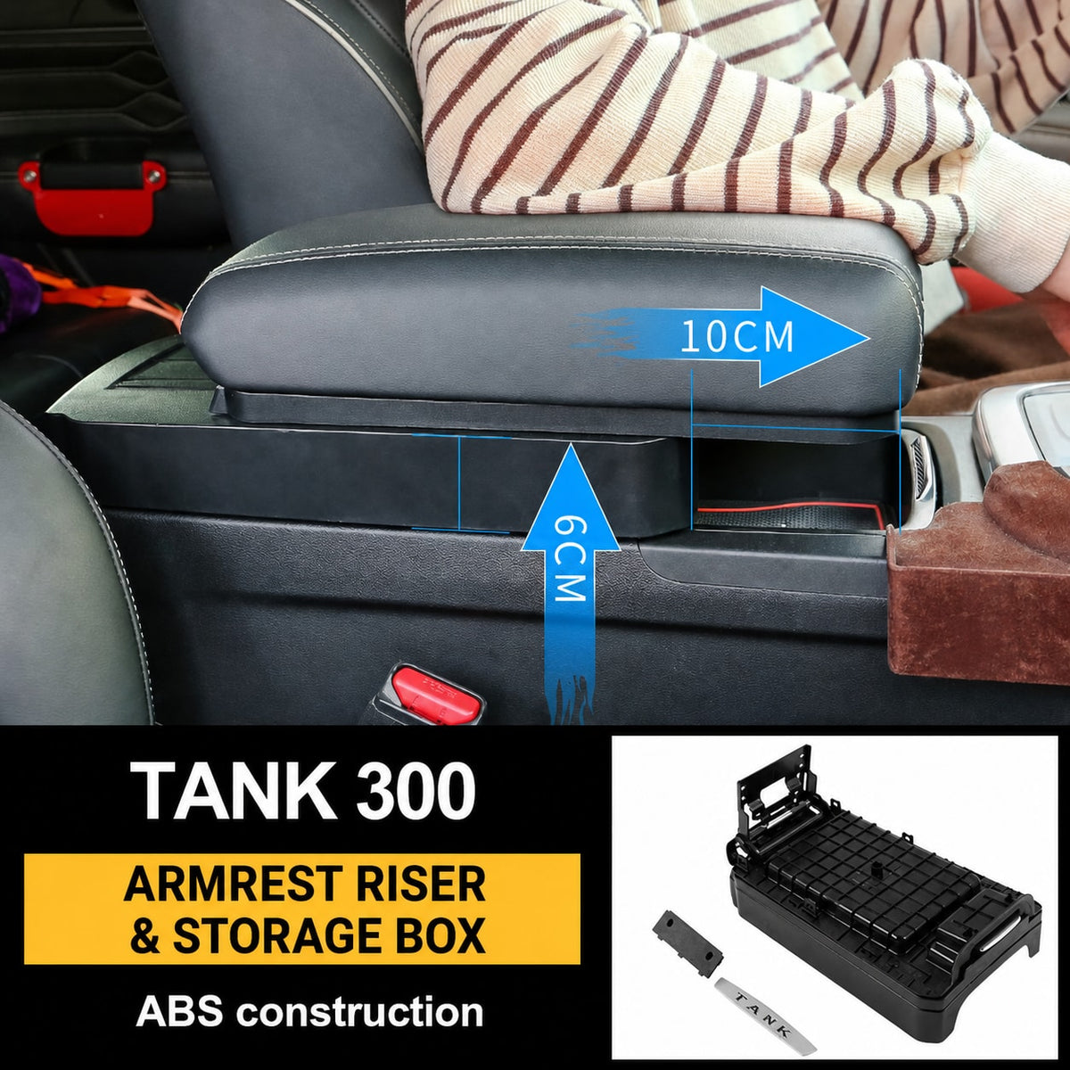 ABS armrest riser and storage box installed in a GWM Tank 300 with the separate riser housing shown