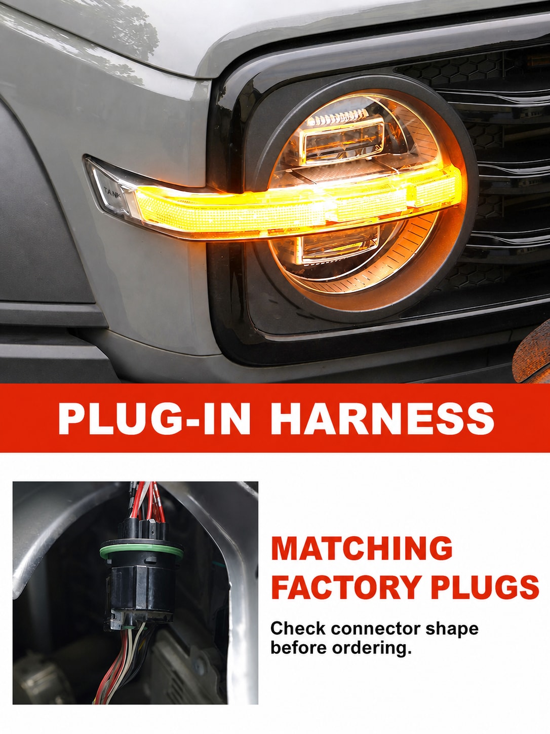 Tank 300 DRL module plug-in harness and matching factory connector installation detail