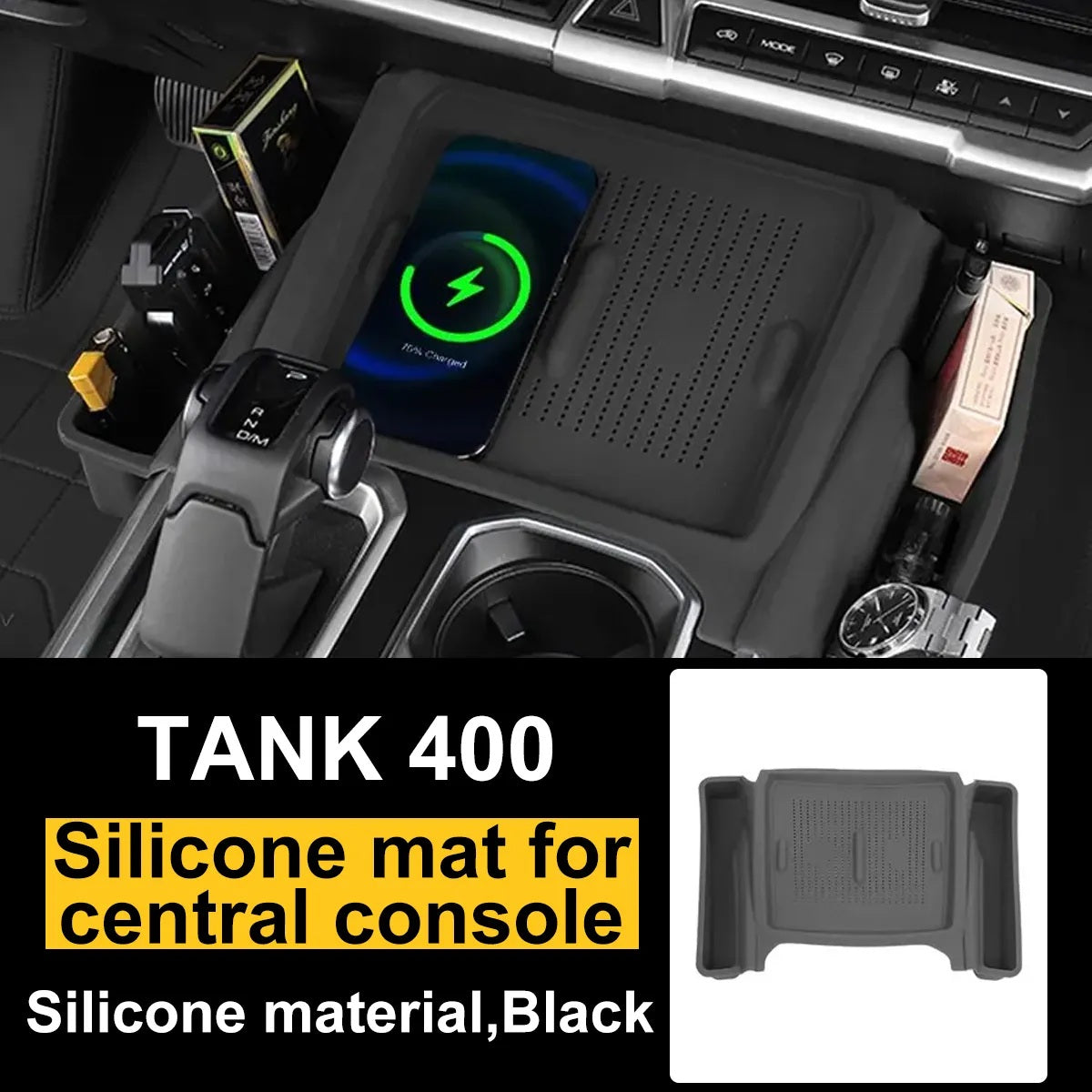 Black silicone centre-console charging mat installed in GWM Tank 400