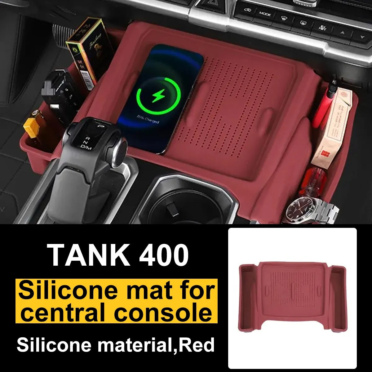 Red silicone centre-console charging mat installed in GWM Tank 400