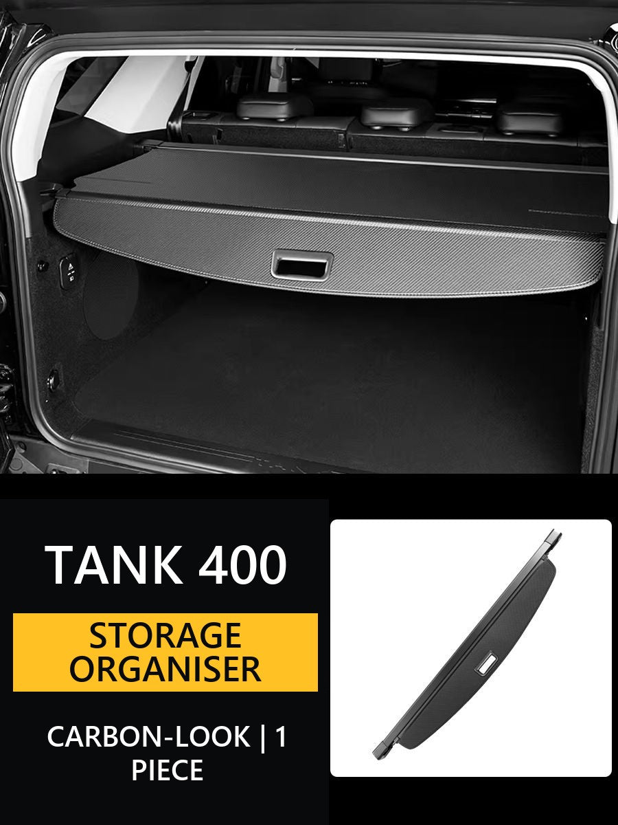 Universal organiser shelf and protective curtain for the trunk of Tank 400