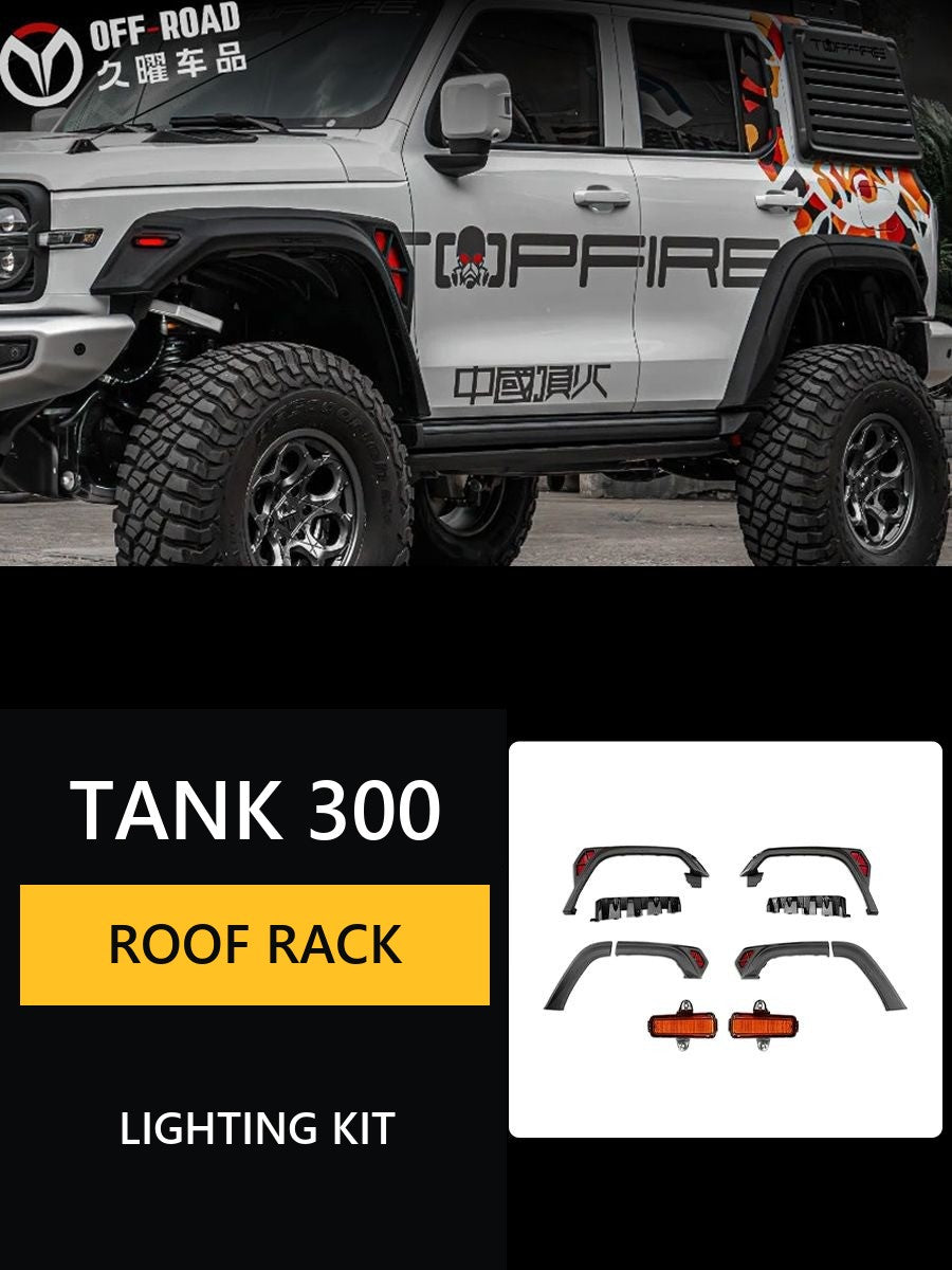 Full set of Topfire accessories for Tank 300: Roof rack, extended arches, side portals, stairs to the roof, mount for spare wheel – image 17#Colour_Black-matted, red