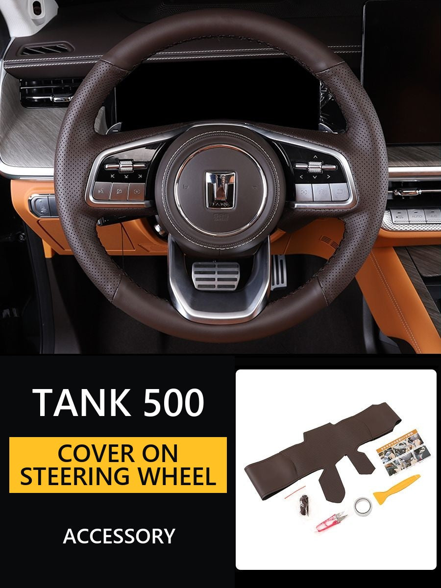 Cover on the steering wheel for Tank 500 – Manual stitch#Colour_Dark-brown